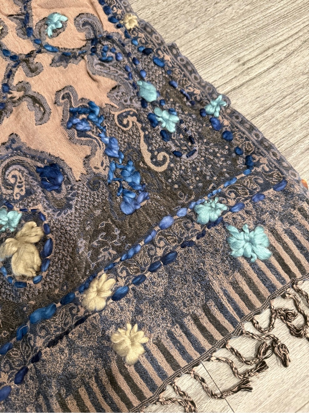 Aratta Taupe and Navy Embroidered Scarf/Runner - Picture 2 of 10